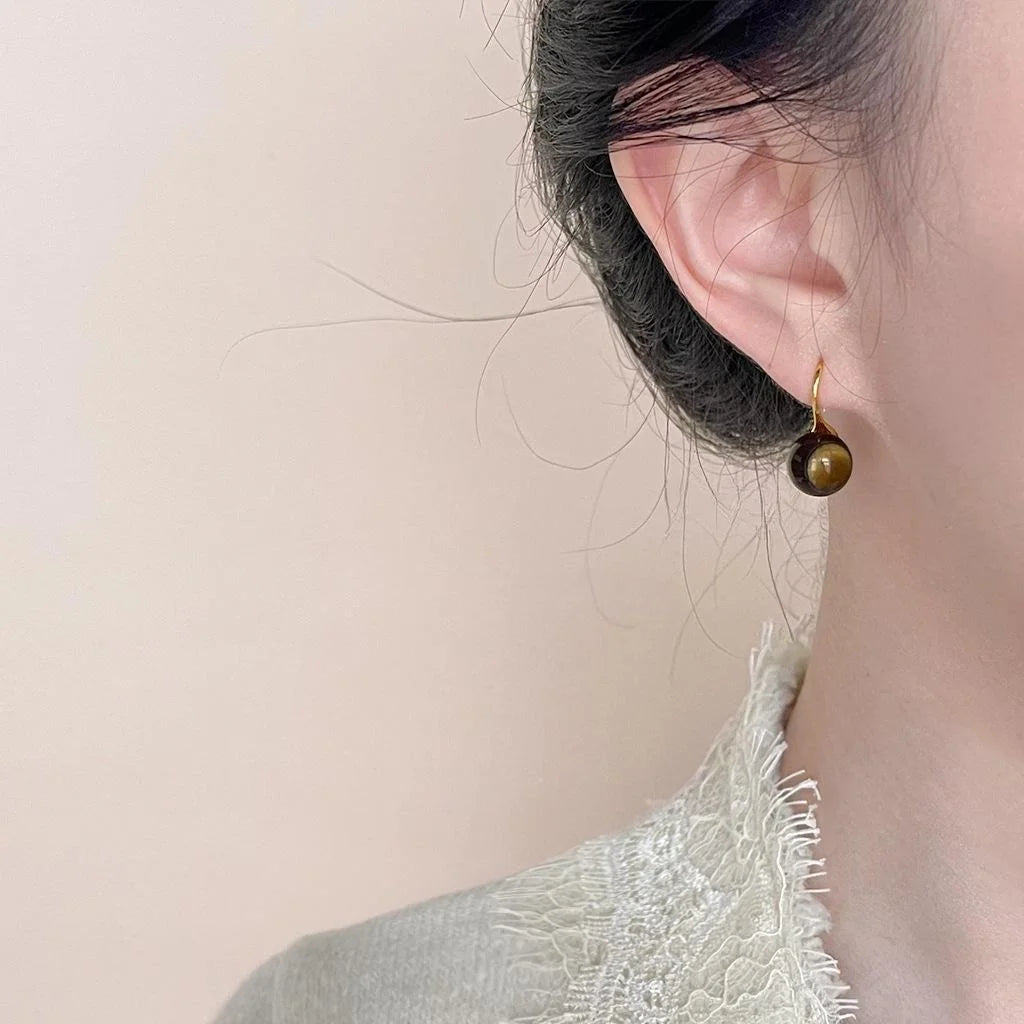 14K Plated Tiger Eye Round Geometric Ball Drop Earrings For Women Minimalist Commuter Jewelry