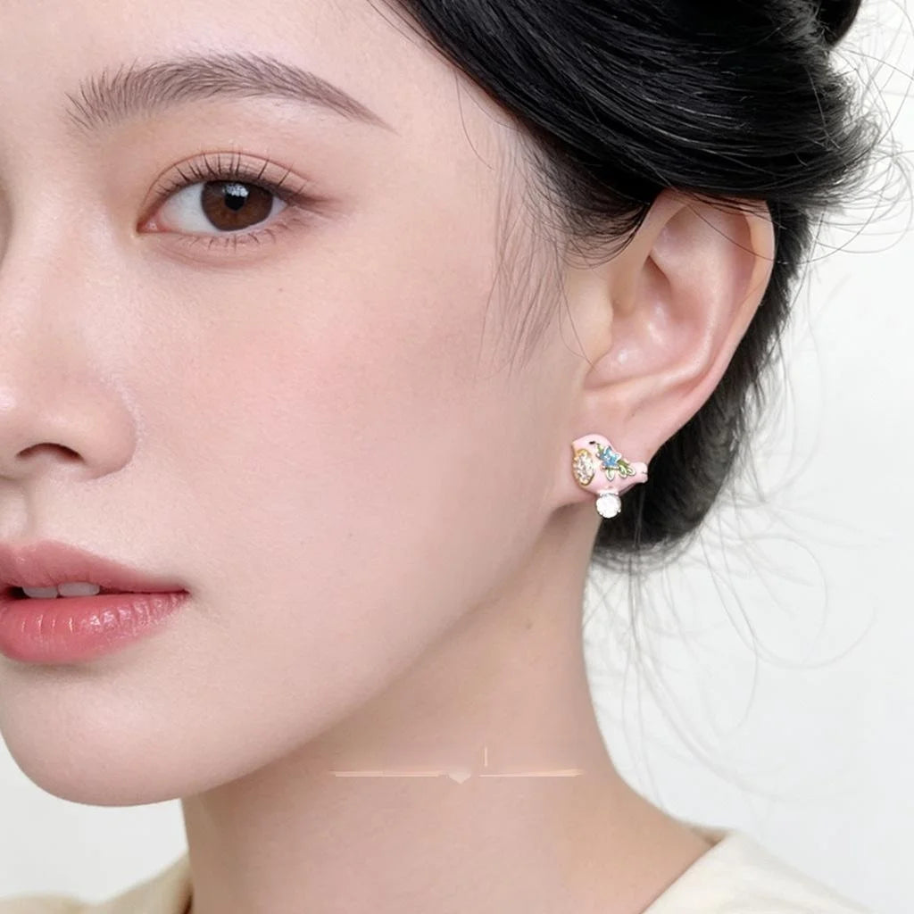Sweet Cute Enamel Painted Bird Stud Earrings, Copper Micro Pave Zircon