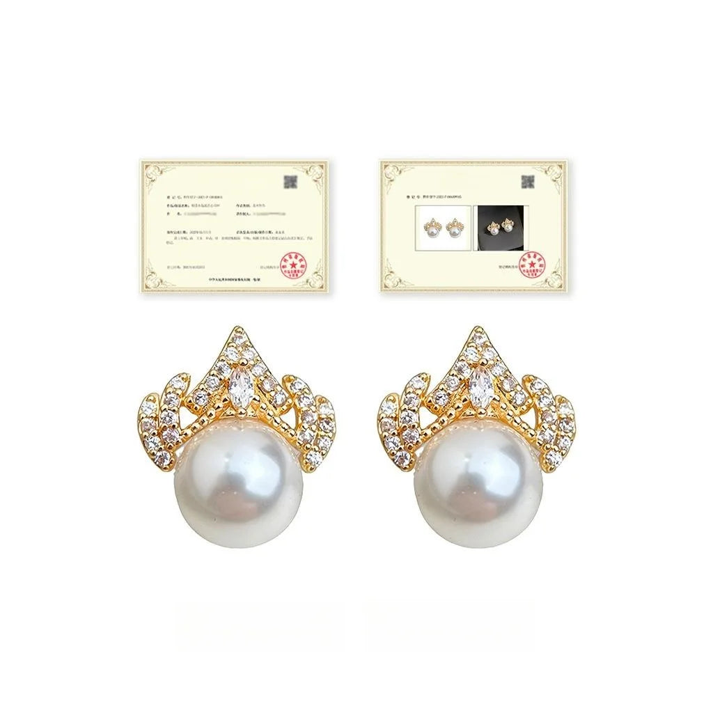 Copper Queen Crown Stud Earrings With High Gloss Pearl Zircon, Elegant Luxury