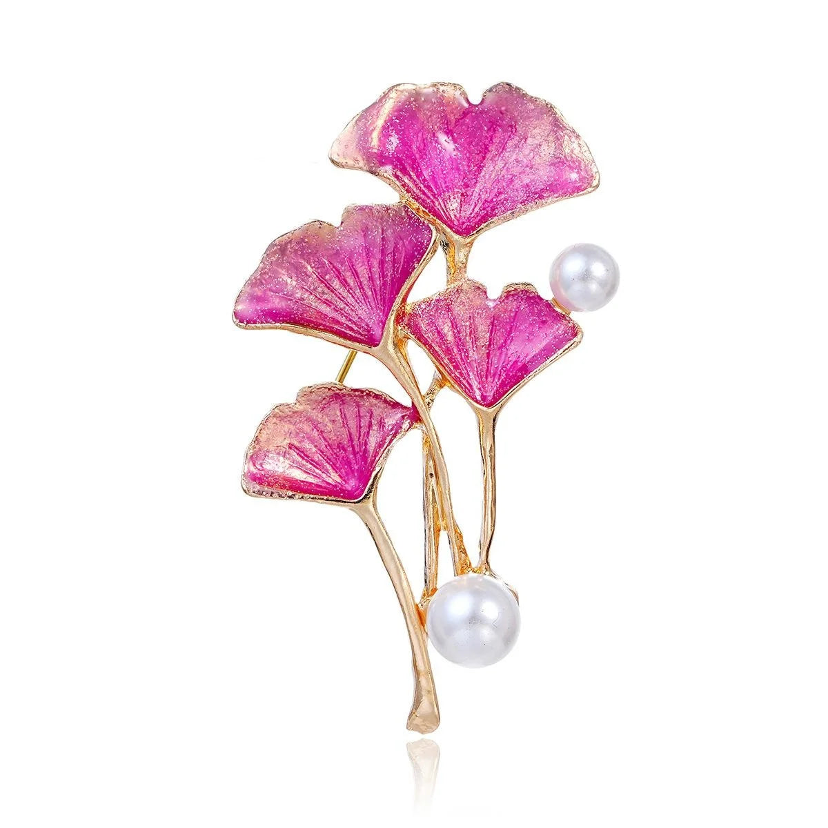 Elegant Pink Enamel Ginkgo Leaf Brooch With Pearl Accents, Gold Tone Alloy Lapel Pin Dress Suit Gift