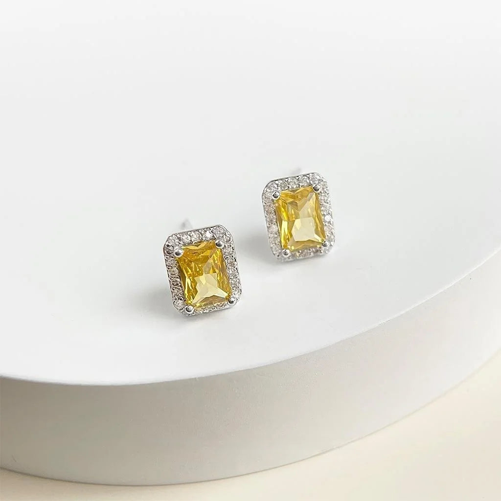 Light Luxury Geometric Rectangle Micro Pave Zircon Copper Stud Earrings With Silver Plated Pins