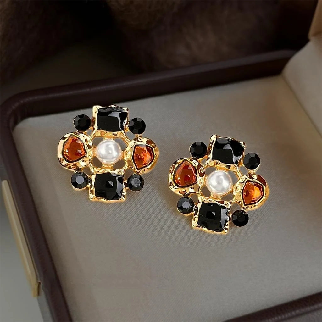Vintage Maillard Copper Alloy Enamel Glazed Geometric Floral Drop Earrings for Women