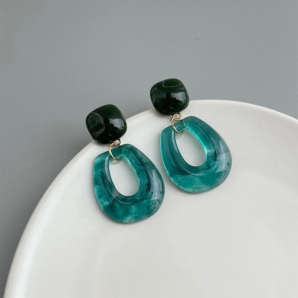 Vintage Green Geometric Acrylic Stud Earrings Handmade Gradient Round Artistic Jewelry