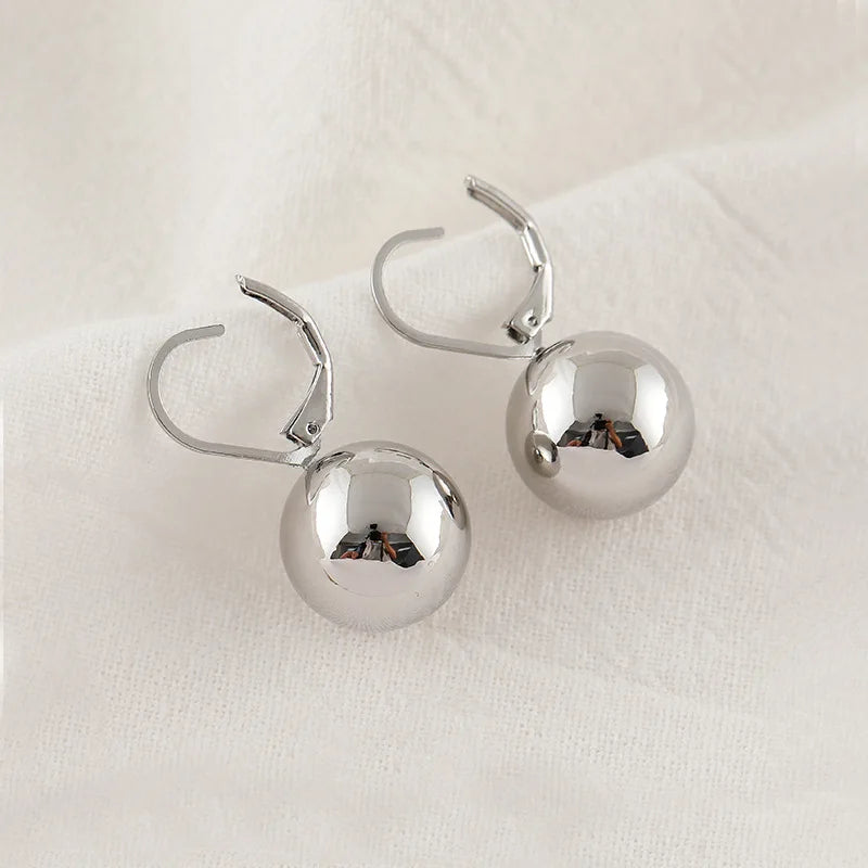 Elegant Silver Alloy Round Ball Drop Hoop Stud & Clip On No Piercing Minimalist Fashion Earrings