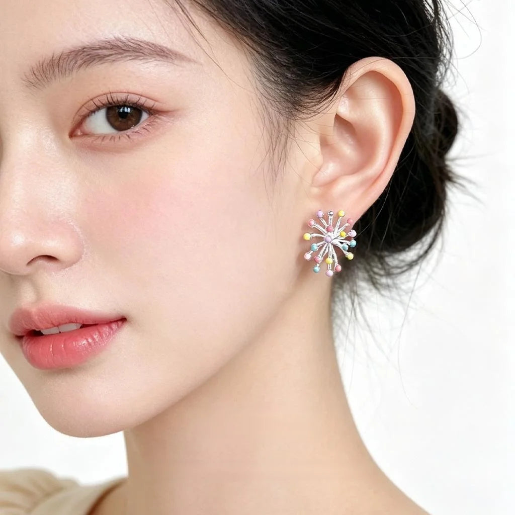 Sweet Fresh Dandelion Colorful Enamel Copper Firework Ball Stud Earrings For Women