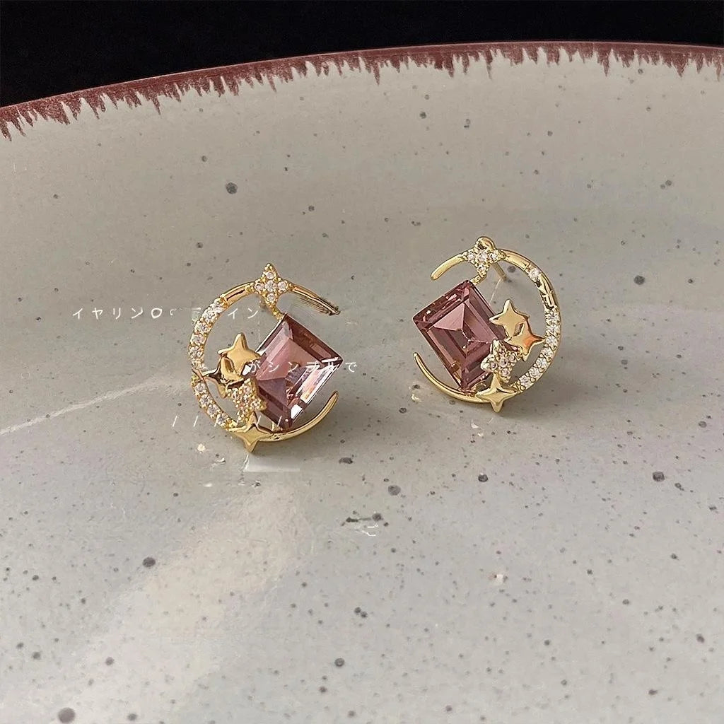 Light Luxury Copper Zircon Moon Star Glass Crystal Drop Earrings For Women