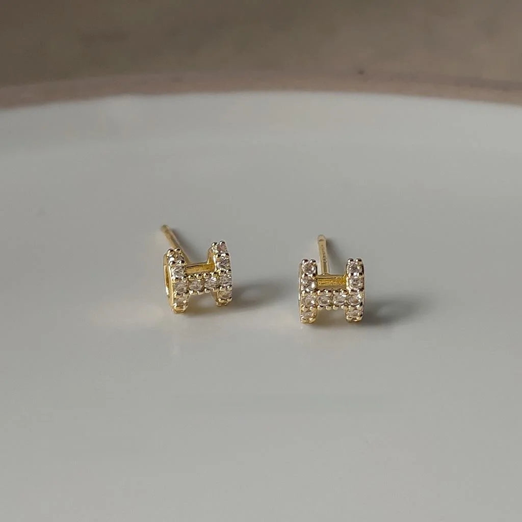 Micro Pave Zircon H Letter Stud Earrings Copper Mini Minimalist Commuter Jewelry
