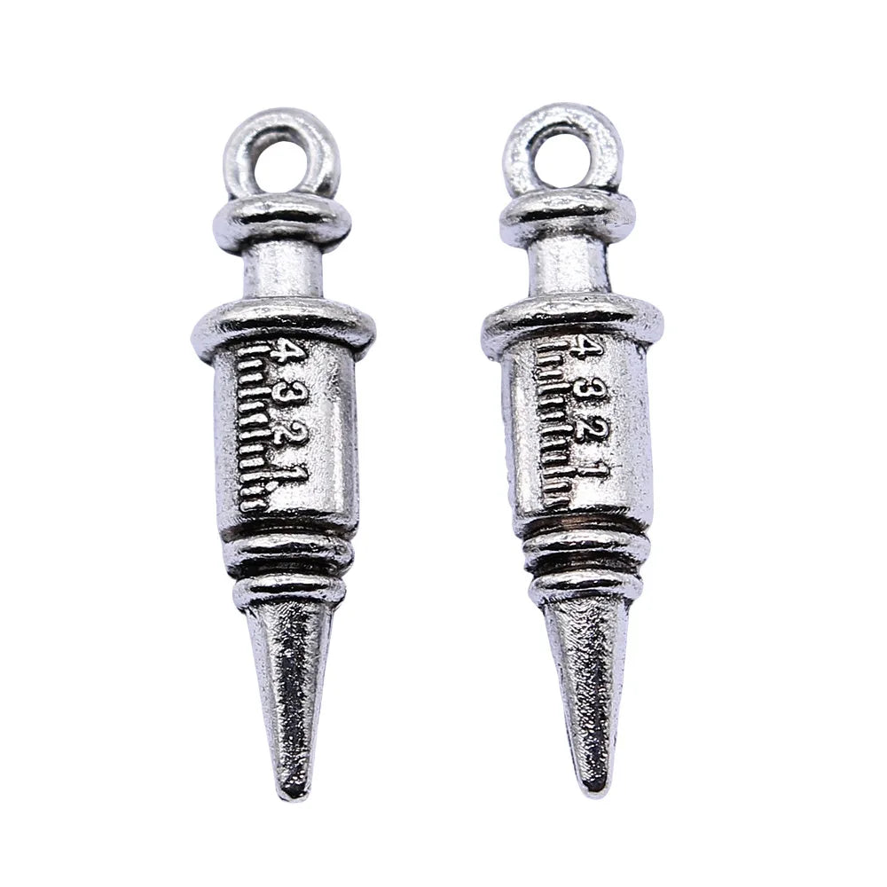 7x25mm 2g Antique Silver Zinc Alloy 3D Syringe Charm Pendant for Medical Theme Jewelry Making