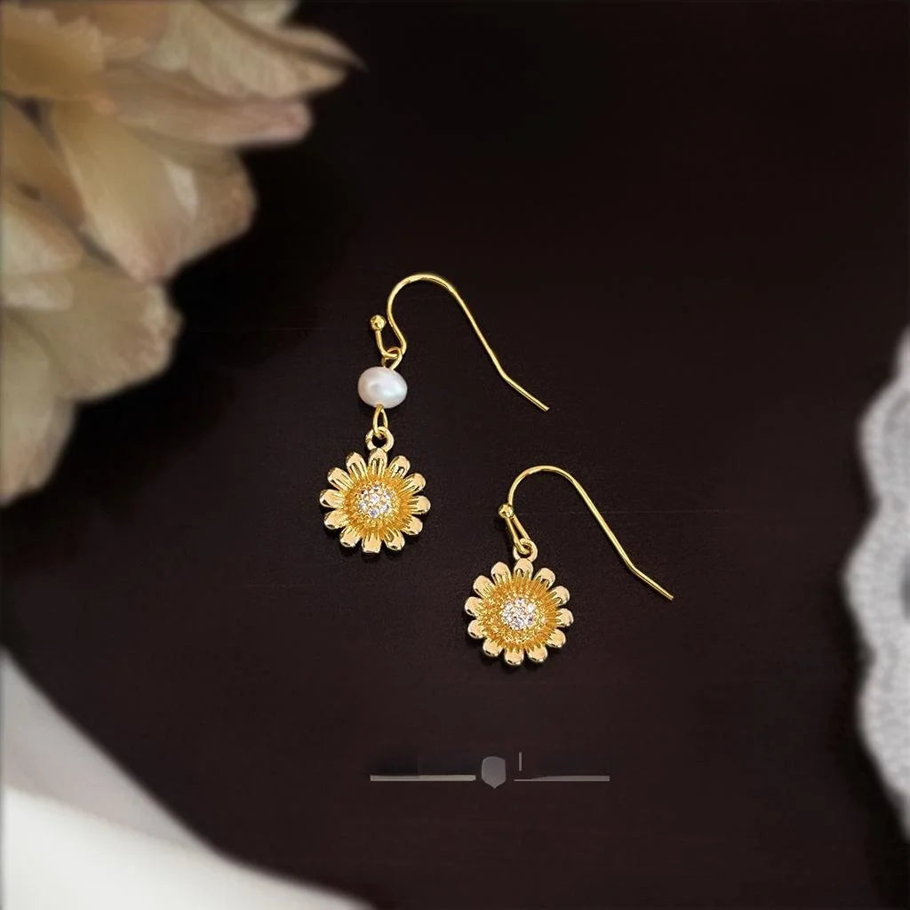 Vintage Asymmetric Daisy Freshwater Pearl Copper Drop Earrings For Women Floral Petal Jewelry