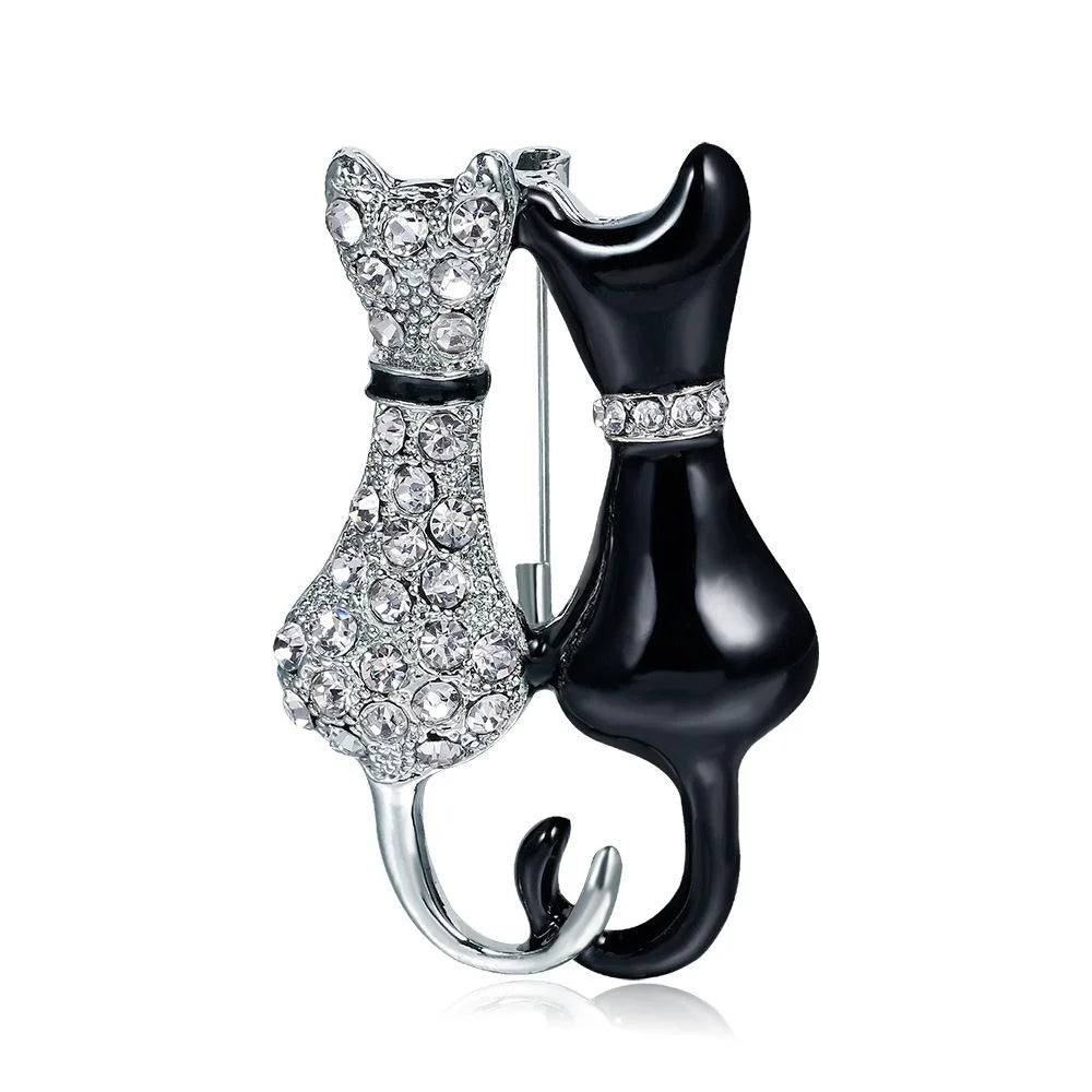 Elegant Black White Enamel Rhinestone Double Cat Brooch, Alloy Lapel Pin Corsage Suit Accessory Gift