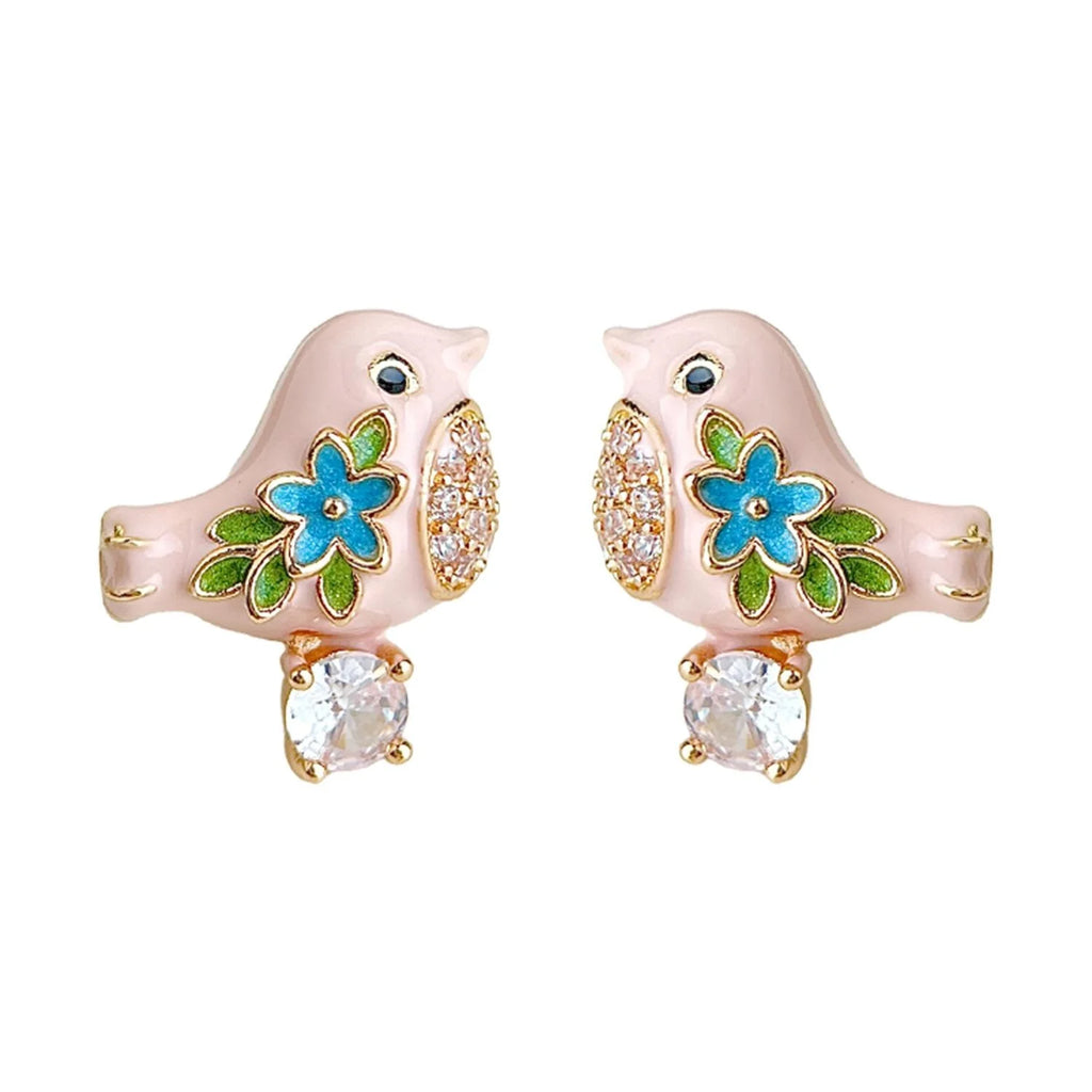 Sweet Cute Enamel Painted Bird Stud Earrings, Copper Micro Pave Zircon