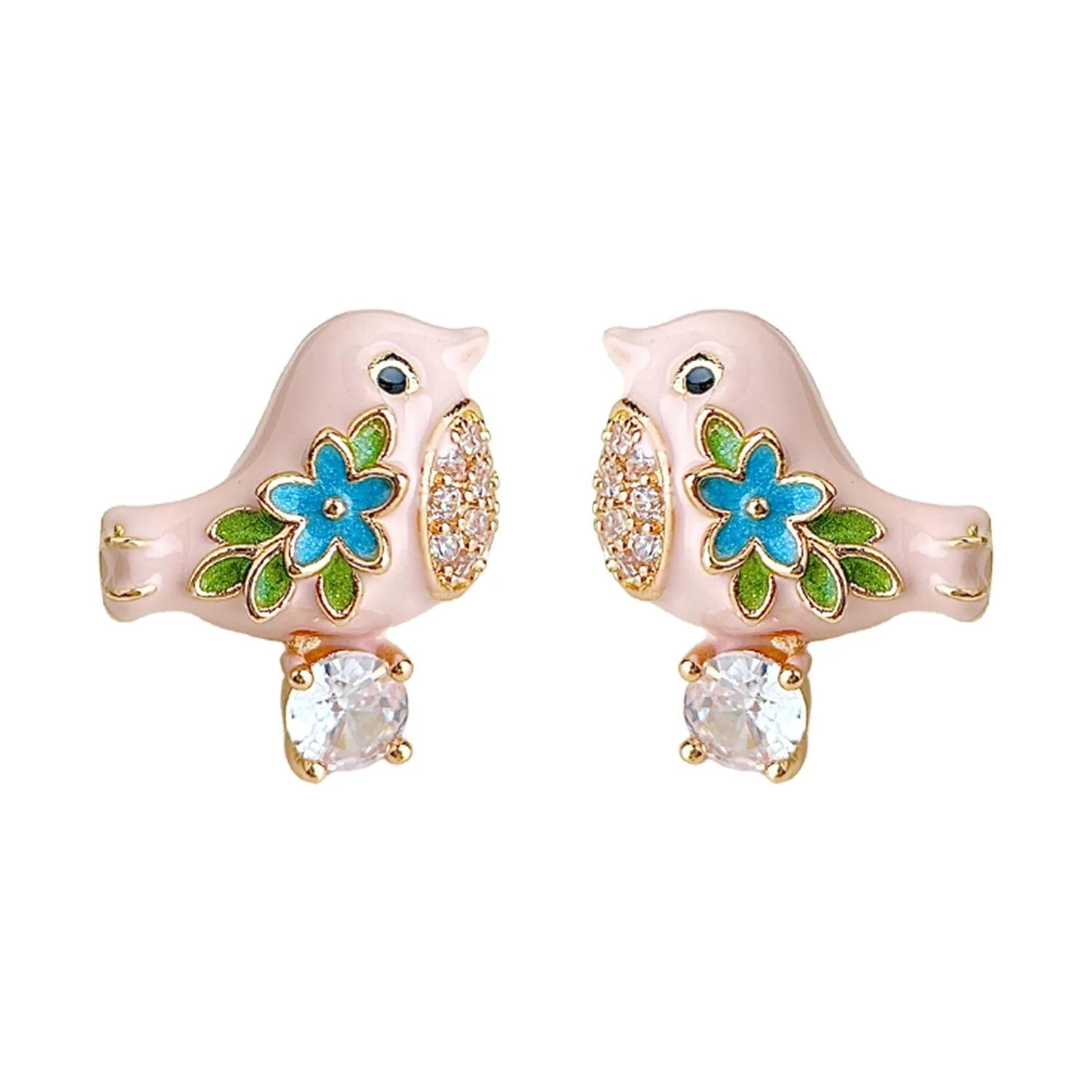 Sweet Cute Enamel Painted Bird Stud Earrings, Copper Micro Pave Zircon