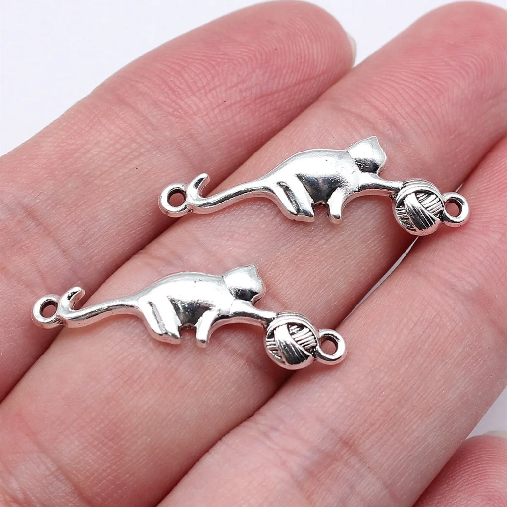30x9mm 1.2g Antique Silver Zinc Alloy Cat Playing Yarn Ball Connector Charm for DIY Jewelry