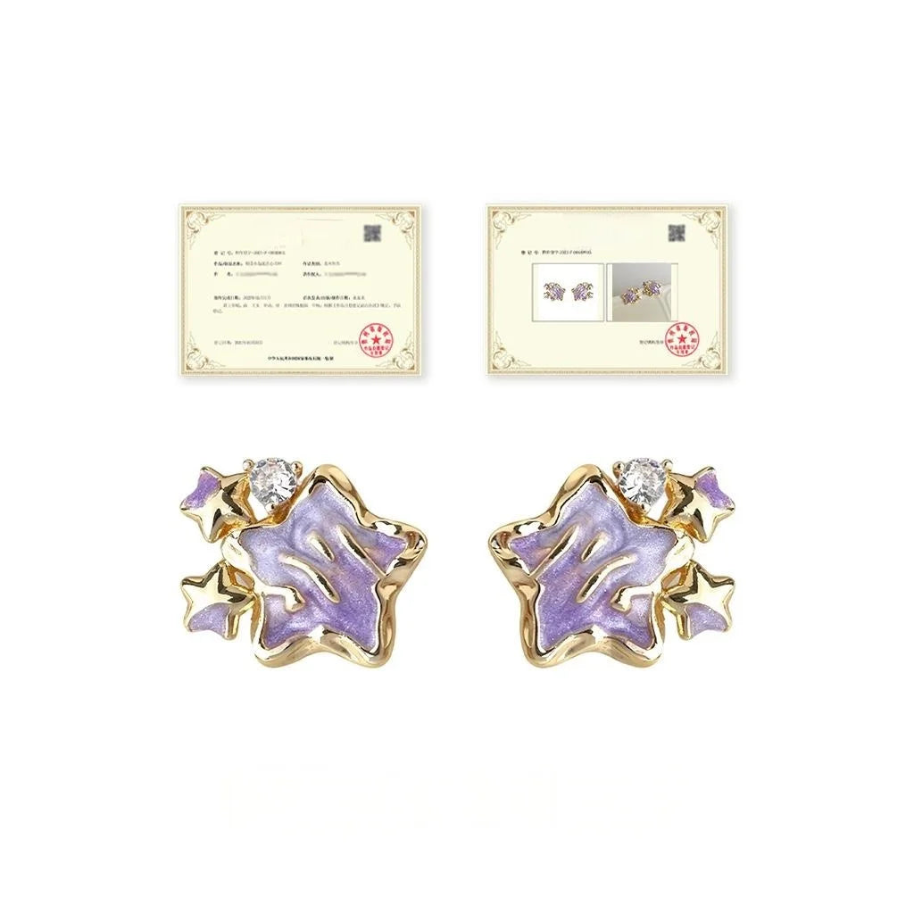 Purple Gradient Enamel Star Stud Earrings With Zircon Inlay Sweet Girl Copper Jewelry