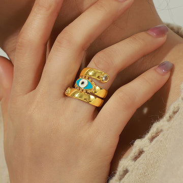 Evil Eye Spiral Open Ring Gold Steel Blue Enamel Zircon Tips