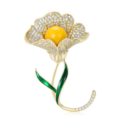 Yellow Center Crystal Petal Flower Brooch isolated front view
