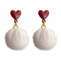 Red Enamel Heart Stud Pale Pink Pom-Pom Drop Earrings view 5