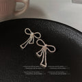 Gold Rhinestone Pave Long Bow Drop Earrings Pair Set view 4