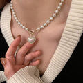 White Pearl Strand Gold Toggle Rhinestone Heart Pendant view 3
