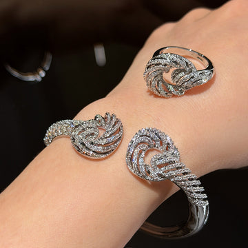 Twisted Pavé Crystal Open Bangle And Matching Knot Rings