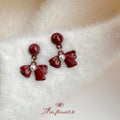 Wine Red Enamel Ball Stud Bow Pearl Drop Earrings Pair view 3
