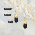 Gold Steel Faux Pearl Black Glass Stone Drop Earrings view 2