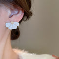 White Enamel Fan Petal Gold Tone Statement Stud Earrings view 3
