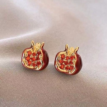 Red Pomegranate Gold Tone Fruit Motif Stud Earrings
