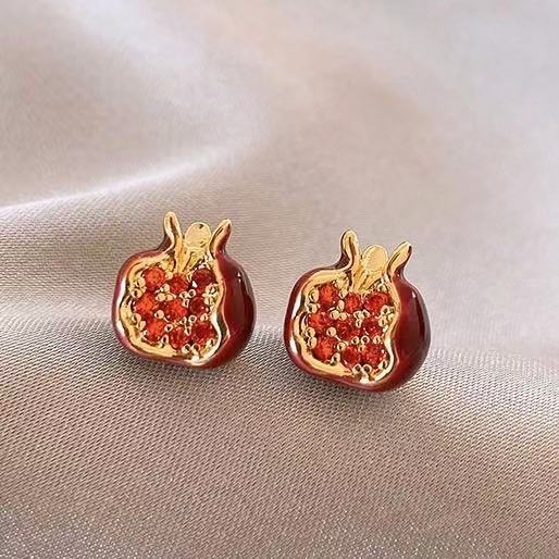Red Pomegranate Gold Tone Fruit Motif Stud Earrings