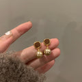 Champagne Pearl Drop Stud Earrings with Brown Square Tops view 6