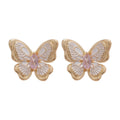 Gold Tone Butterfly Stud Earrings with Pink Crystal Centers view 5
