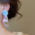 Blue and Purple Beaded Floral Tassel Clip-On Earrings view 3