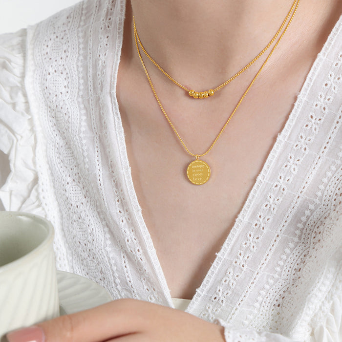 Gold Double Layer Necklace Bead Bar And Engraved Disc