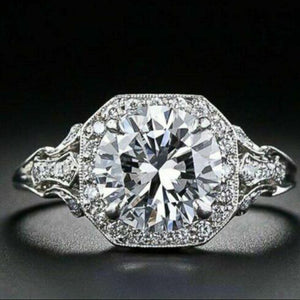 Silver Tone Round Center Ring With Square Halo and Pavé Band