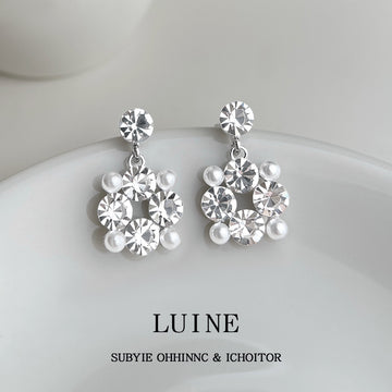 Silver Tone Rhinestone And White Pearl Floral Cluster Stud Earrings