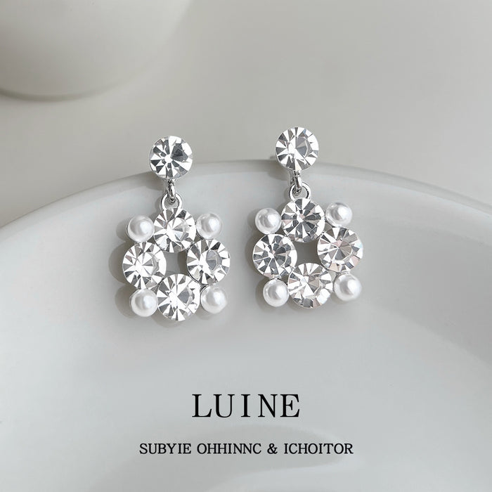 Silver Tone Rhinestone And White Pearl Floral Cluster Stud Earrings