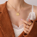 Gold Square Rose Embossed Pendant Snake Chain Necklace view 6