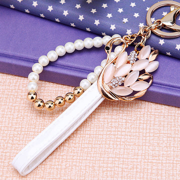 Pearl Wrist Loop Keychains with Daisy Swan Angel and Bear Charms plus Clasp