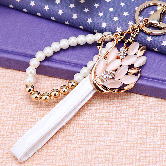 Pearl Wrist Loop Keychains with Daisy Swan Angel and Bear Charms plus Clasp