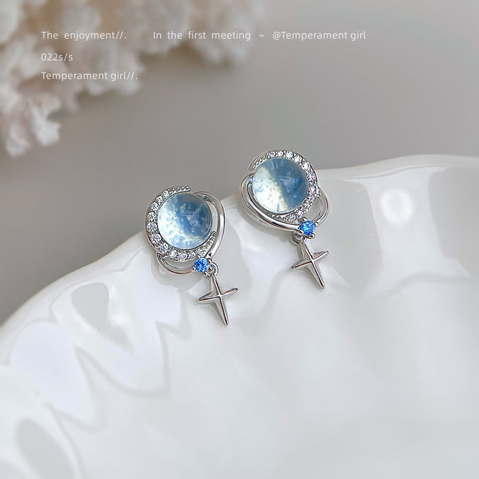 Silver Moonstone Orb CZ Star Drop Stud Earrings Blue Accent