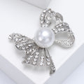 Pearl and Crystal Ribbon Bow Brooch in Three Metal Tones view 2