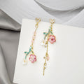 Pink Flower Branch and Chain Asymmetrical Stud Earrings view 1