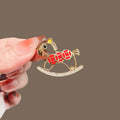 Gold Red Enamel Rocking Horse Brooch Rhinestone Base view 6