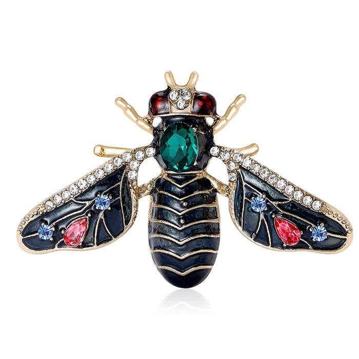 Jeweled Bee Metal Brooch with Black Enamel Bee with Multicolor Stones and Gold-tone Trim