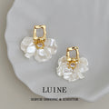 Gold Tone Square Top White Resin Petal Cluster Drop Earrings view 1