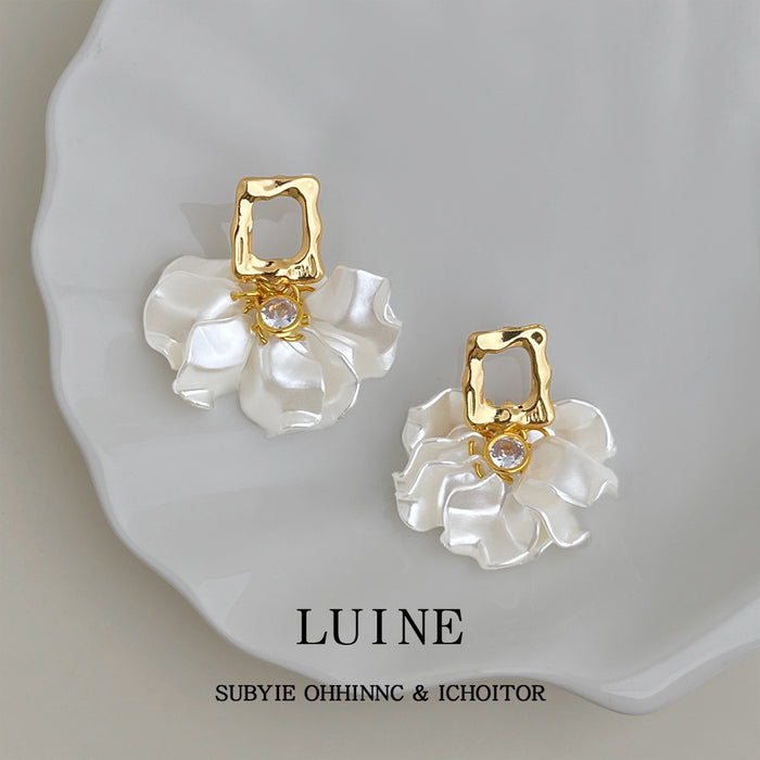 Gold Tone Square Top White Resin Petal Cluster Drop Earrings