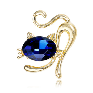 Blue Gold Tone Cat Crystal Two Designs Metal Brooch Pin