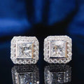 Silver Square Princess Cut Halo Stud Earrings Clear view 1