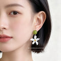 Green Resin Stud White Flower Drop Earrings Gold Center view 2
