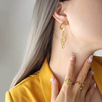 Gold Hollow Butterfly Wing Drop Earrings Faux Pearls